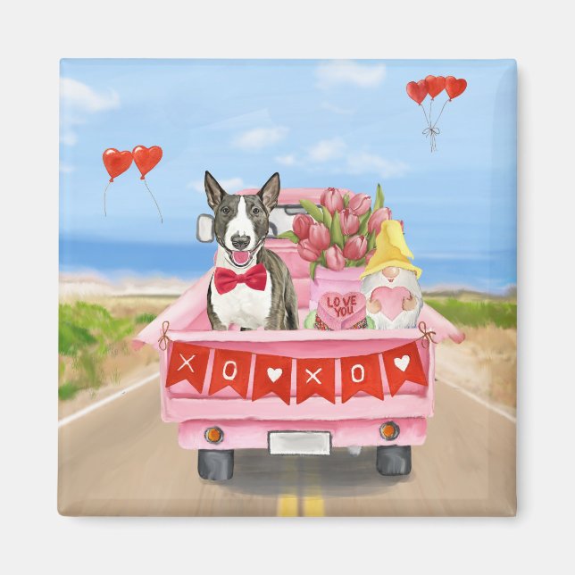 Bull Terrier Hund Valentine Day Lastbil Hearts Magnet (Framsidan)