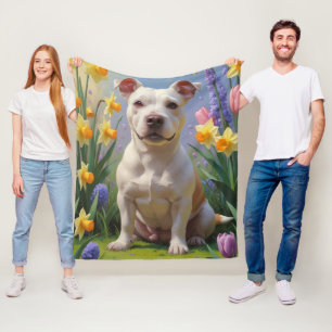 Bull Terrier Hund Vårblommor Målning Fleecefilt