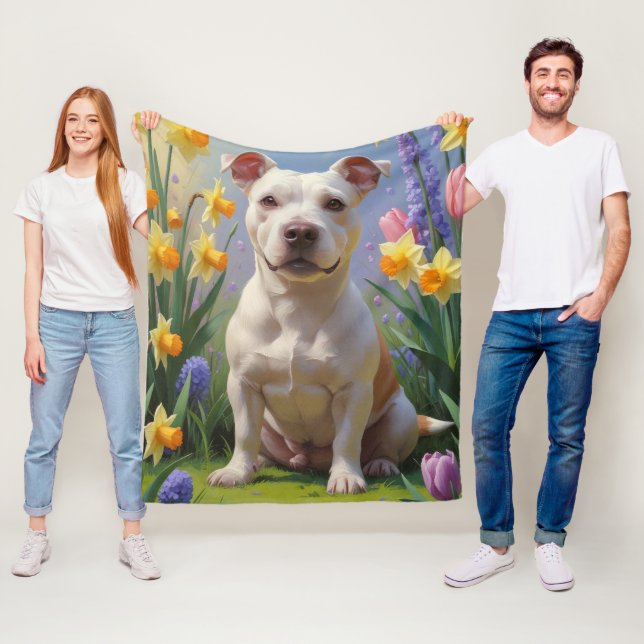 Bull Terrier Hund Vårblommor Målning  Fleecefilt (På plats)