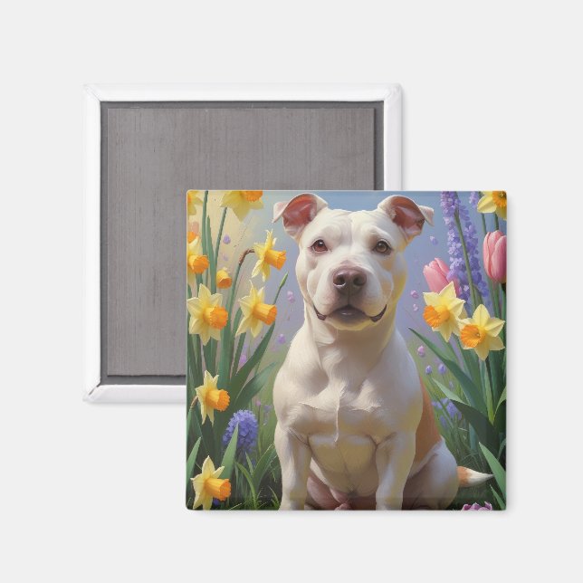 Bull Terrier Hund Vårblommor Målning  Magnet (Front/Back)