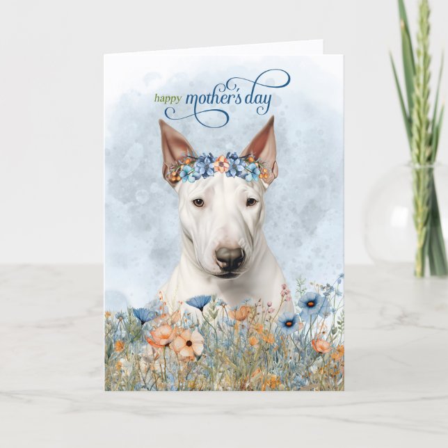 Bull Terrier Hund Vildblommor Mors Dag Helgkort (Framsida)