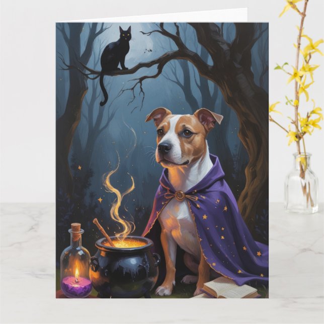 Bull Terrier Hund Whimsical Halloween Painting Kort (Gul blomma)