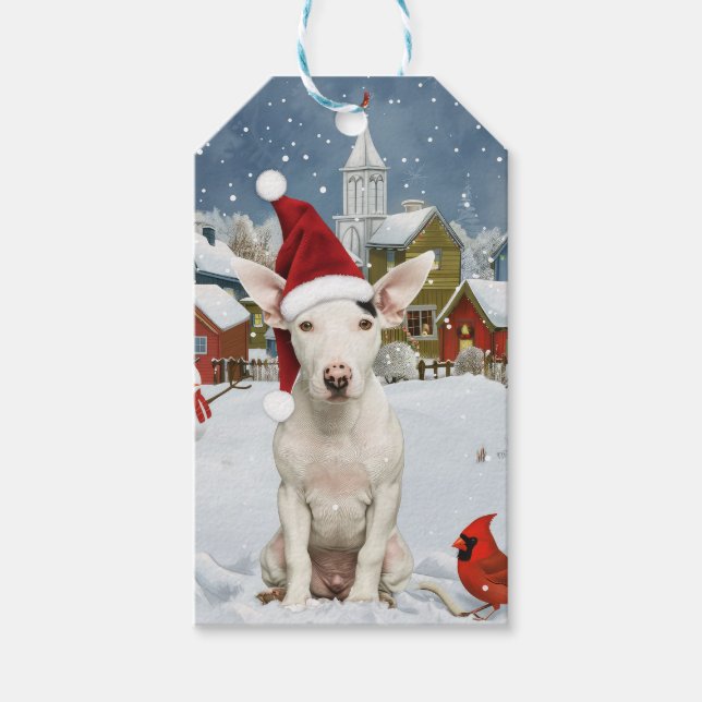 Bull Terrier Hund Winter Wonderland jul Joy Presentetikett (Framsidan)