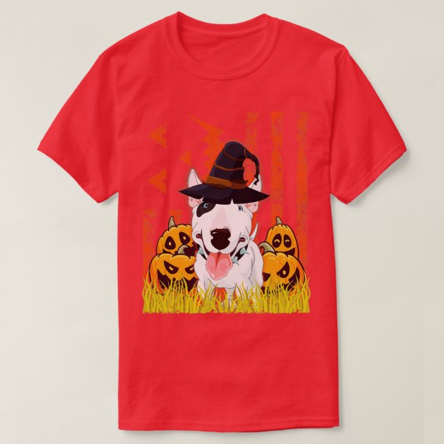 Bull Terrier Hund Witch Dancing Around Pumpkins In T Shirt (Design framsida)