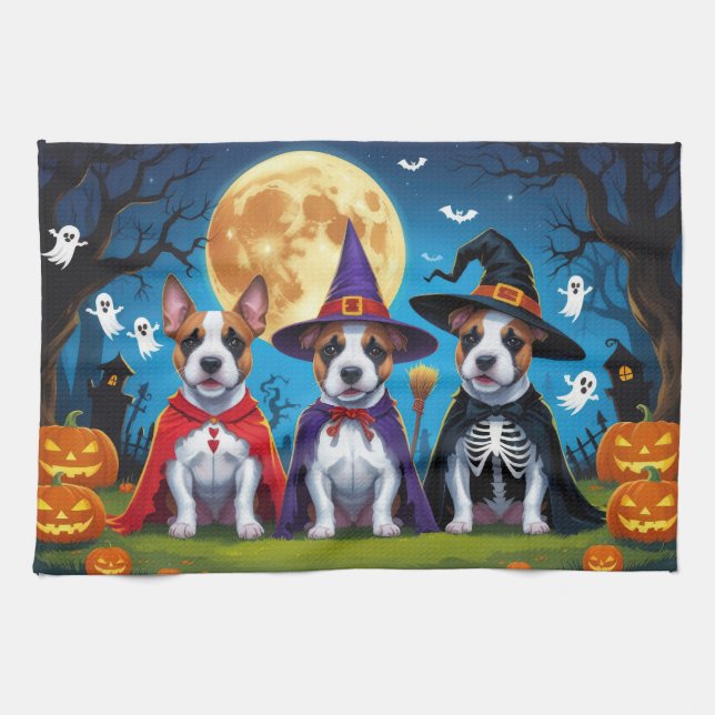 Bull Terrier Hundar Pumpkin Halloween Funny Kökshandduk (Horisontell)