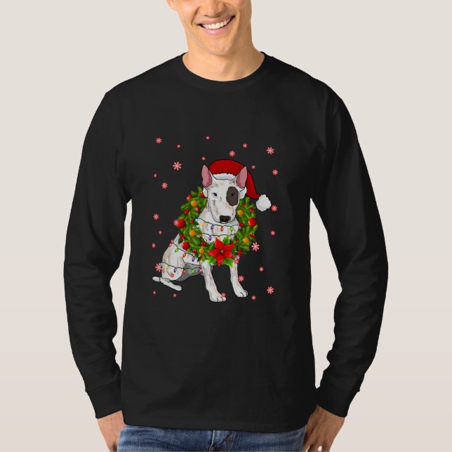 Bull Terrier jul Santa Hat Julafton Ljus Hund T Shirt (Framsida)