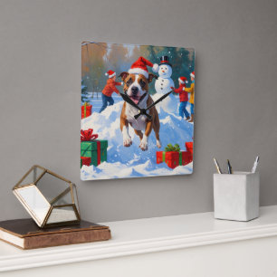Bull Terrier Julfestlig Snö Scen Fyrkantig Klocka