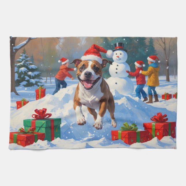 Bull Terrier Julfestlig Snöscen Kökshandduk (Horisontell)