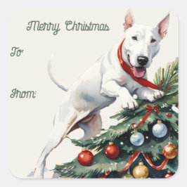 Bull Terrier & Julgran Gift Märkre Sticker Fyrkantigt Klistermärke