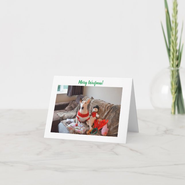 Bull Terrier-julkort med Snögubbe Helgkort (Framsida)