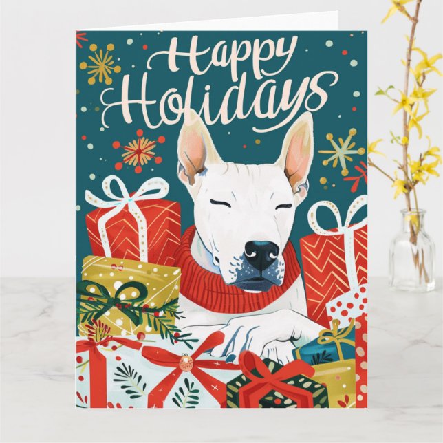 Bull Terrier med Gift Boxes jul Kort (Gul blomma)