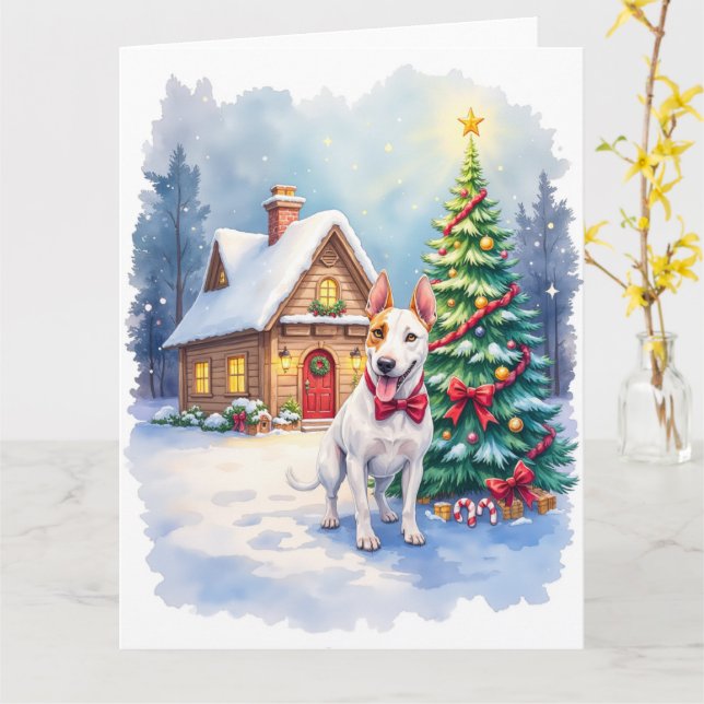 Bull Terrier Mysiga Stugans Julgran Konst Kort (Gul blomma)