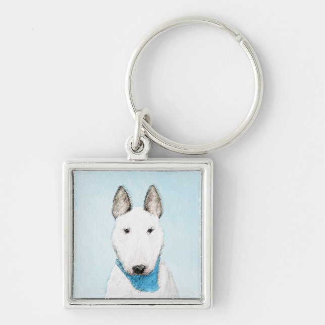 Bull Terrier Painting - Cute Original Hund Art Fyrkantig Silverfärgad Nyckelring (Framsidan)