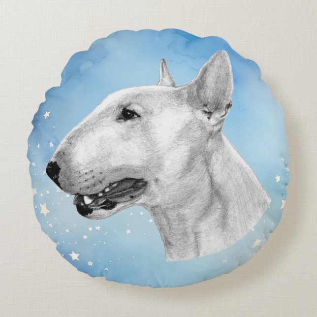 Bull Terrier pencil teckning Rund Kudde (Framsidan)