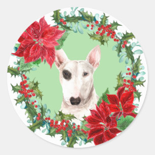 Bull Terrier Poinsettia Holly-julkrans Runt Klistermärke