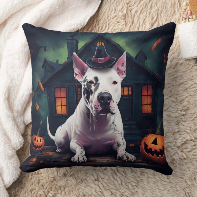 Bull Terrier Pumpa Halloween Skräckinjagande Kudde (Filt)