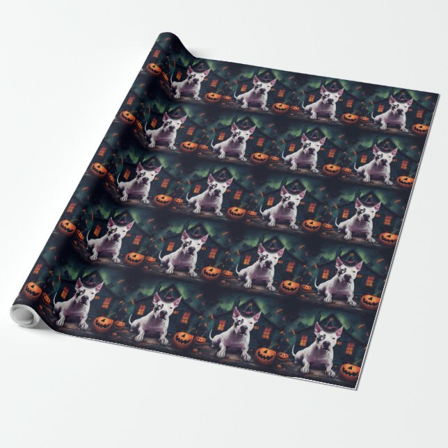 Bull Terrier Pumpa Halloween Skräckinjagande Presentpapper (Utrullad)