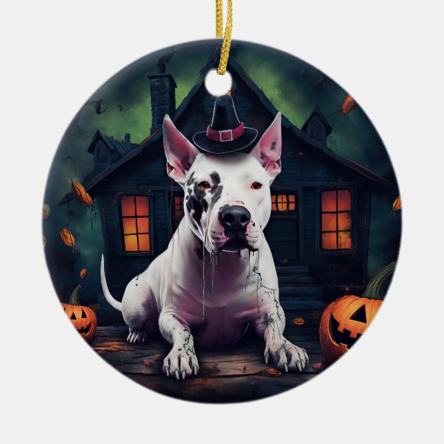 Bull Terrier Pumpkins Halloween Scary Julgransprydnad Keramik (Framsidan)