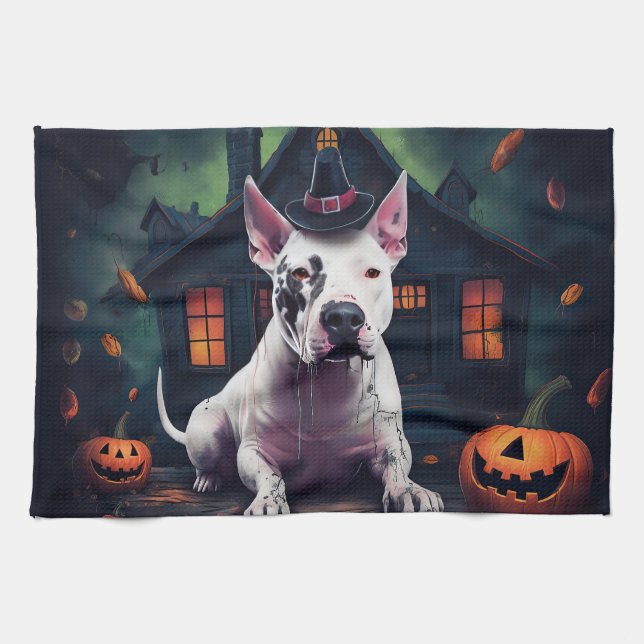 Bull Terrier Pumpkins Halloween Scary Kökshandduk (Horisontell)