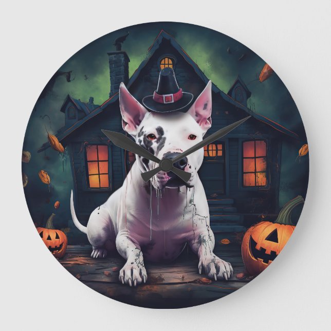Bull Terrier Pumpkins Halloween Scary Stor Klocka (Framsida)