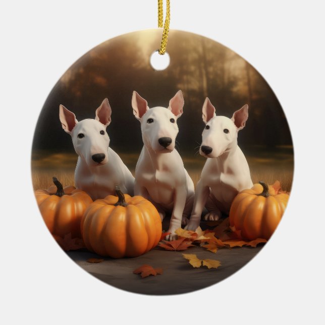 Bull Terrier Puppy Autumn Delight Pumpkin Julgransprydnad Keramik (Framsidan)