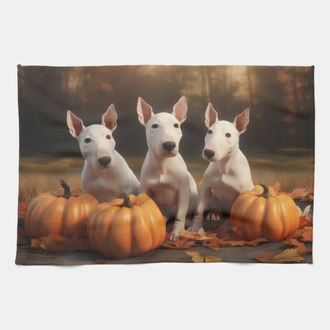 Bull Terrier Puppy Autumn Delight Pumpkin Kökshandduk (Horisontell)