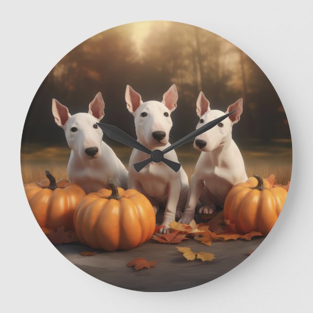 Bull Terrier Puppy Autumn Delight Pumpkin Stor Klocka (Framsida)