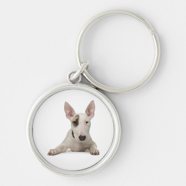 Bull Terrier Puppy Hund Keychain Rund Silverfärgad Nyckelring (Framsidan)