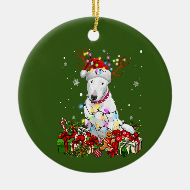 Bull Terrier Reindeer Julafton Hundälskare jul Julgransprydnad Keramik (Framsidan)