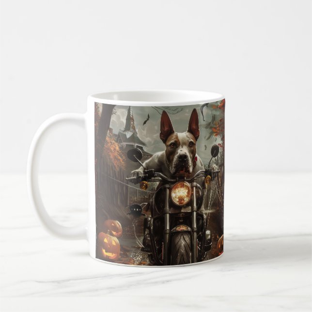 Bull Terrier Riding Motorcycle Halloween Scary Kaffemugg (Vänster)
