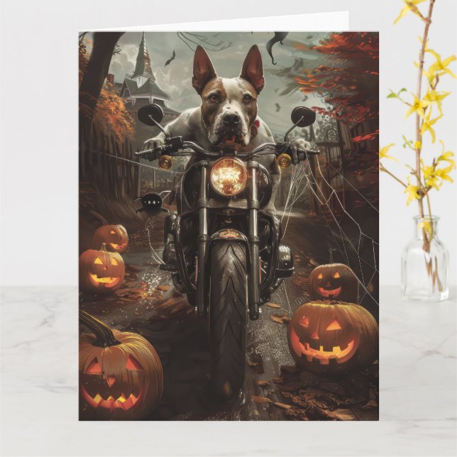 Bull Terrier Riding Motorcycle Halloween Scary Kort (Gul blomma)