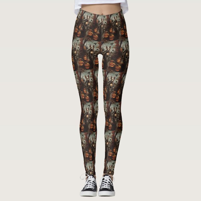 Bull Terrier Riding Motorcycle Halloween Scary Leggings (Framsida)