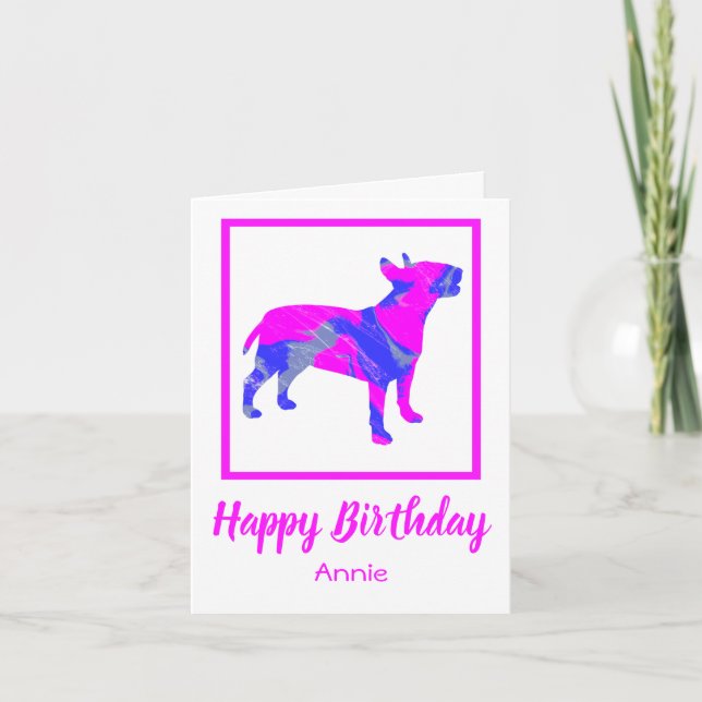 Bull Terrier Rosa Hund Silhouette Funny Birthday Kort (Framsida)