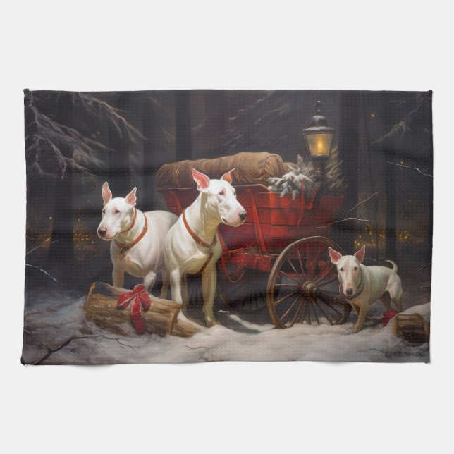 Bull Terrier Snöig släde juldekoration  Kökshandduk (Horisontell)