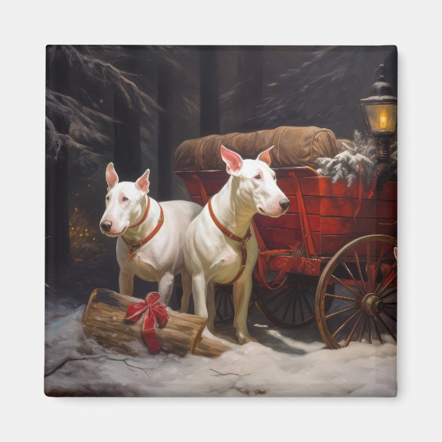 Bull Terrier Snowy Sleigh-juldekalor Magnet (Framsidan)