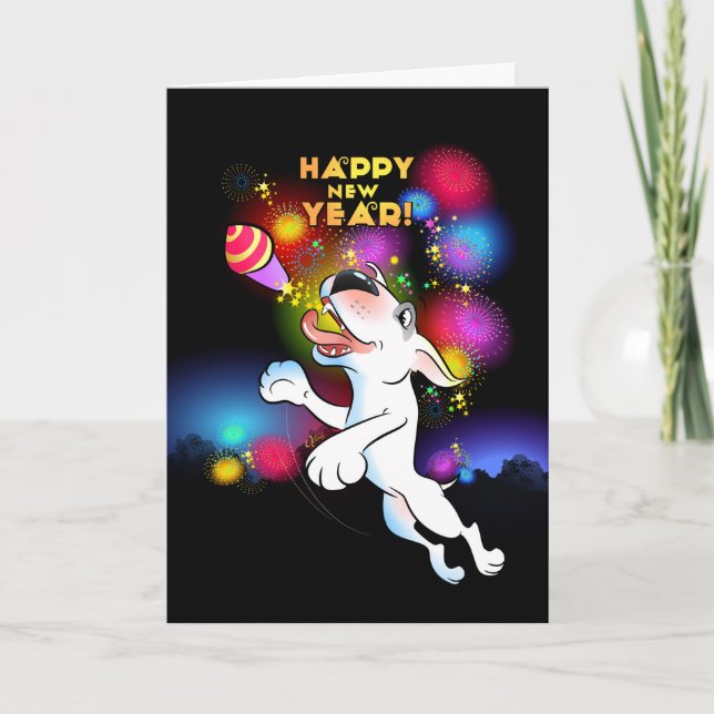 Bull Terrier Tecknad Card "Gott nytt år" Helgkort (Framsida)