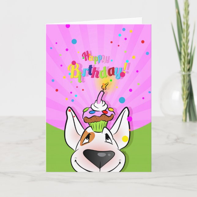 Bull Terrier Tecknad Card "Grattis på födelsedagen Kort (Framsida)