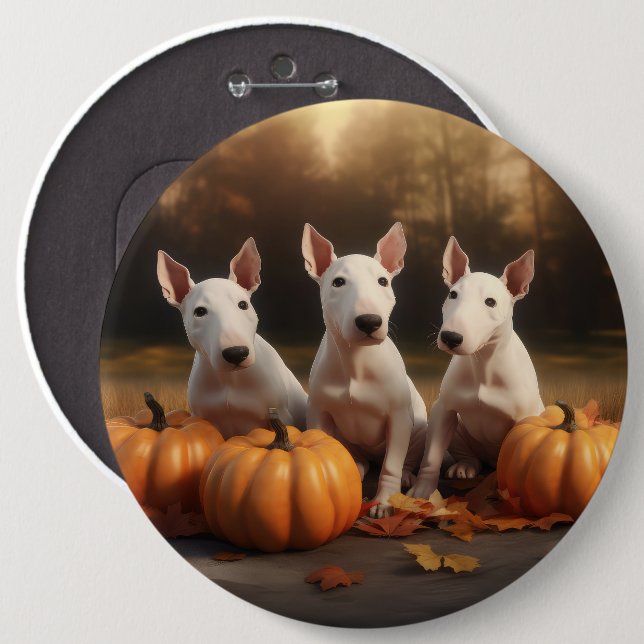 Bull Terrier Valp Höstglädje Pumpa Knapp (Framsida & baksida)