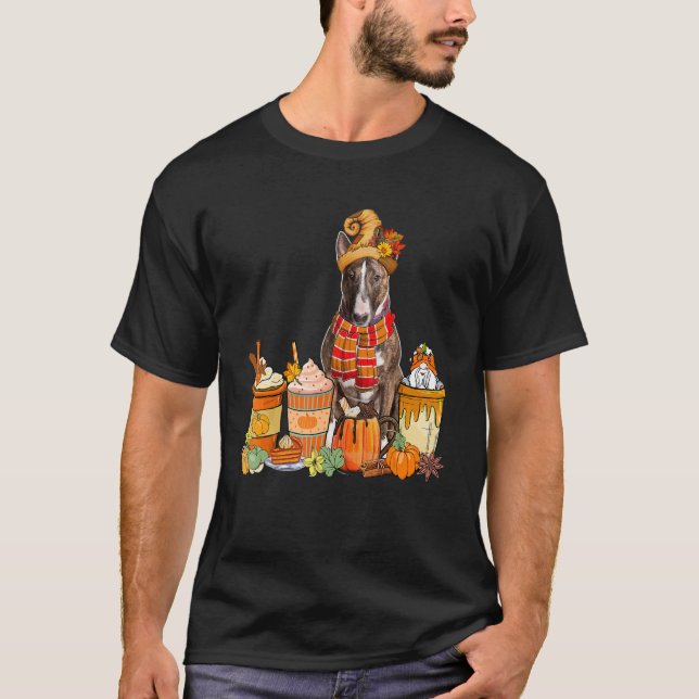 Bull Terrier Wat Hat med Kaffe koppar Fall Pum T Shirt (Framsida)