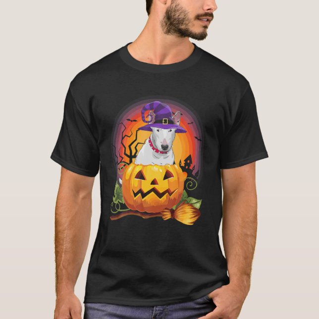 Bull Terrier Witch Pumpkin Halloween Hund älskare T Shirt (Framsida)