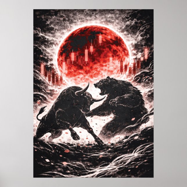 Bull vs Bear Market in Red Moon Forest - Japanese  Poster (Framsidan)