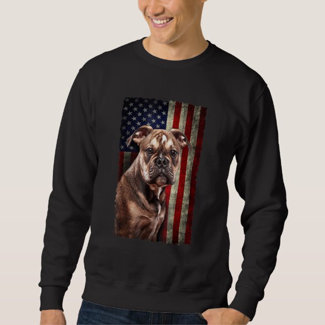 Bulldog American Flagga Usa Patriotic Hund Lång Ärmad Tröja (Framsida)