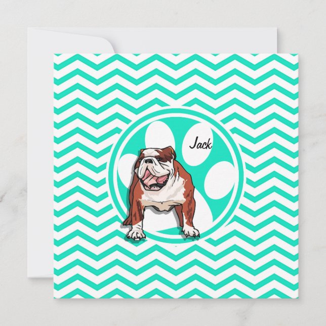 Bulldog, Aqua Grönt Chevron Inbjudningar (Framsida)