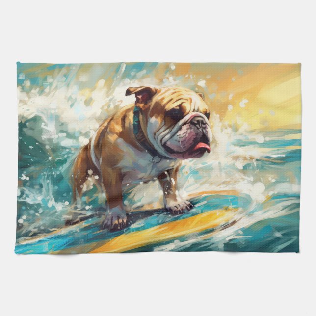 Bulldog Beach Surfing Målning Kökshandduk (Horisontell)