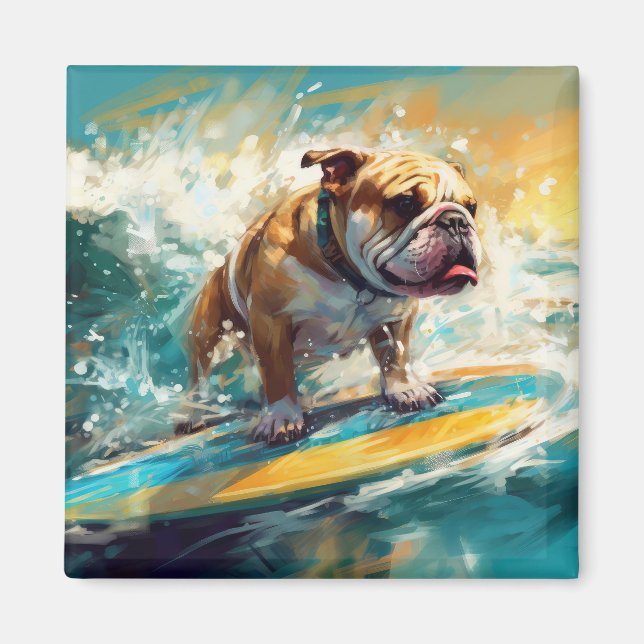 Bulldog Beach Surfing Målning Magnet (Framsidan)