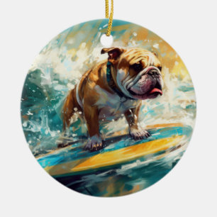 Bulldog Beach Surfning Målning Julgransprydnad Keramik