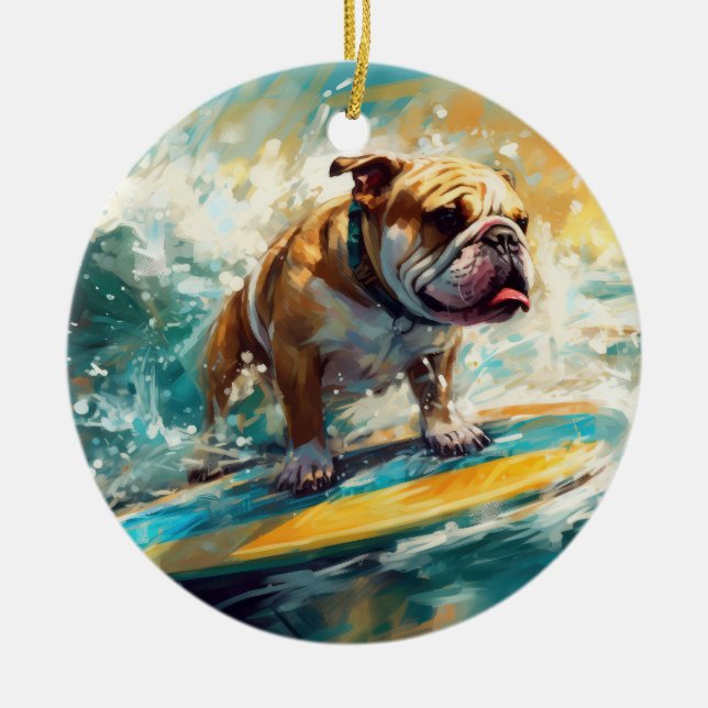 Bulldog Beach Surfning Målning Julgransprydnad Keramik (Framsidan)