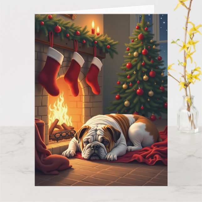 Bulldog by the Fireplace Christmas Painting Kort (Gul blomma)
