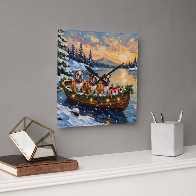 Bulldog Christmas Boat Holiday Fyrkantig Klocka (Kontor)