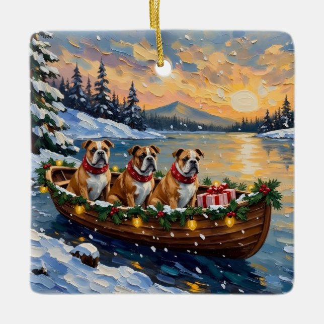 Bulldog Christmas Boat Holiday Julgransprydnad Keramik (Framsida)